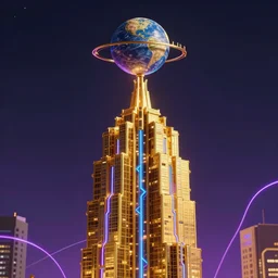 scrumptious golden tower with planet on the top, by greg rutkowski, by anton fadeev, by rhads, 4 k, cyber punk style, glowing blue veins, purple glowing wires