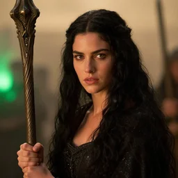 epic photo of young demi moore as beautiful medieval sorceress with very long black hair, battle scene, holding her wizard staff, sweaty, detailed eyes, neutral expression, shallow depth of field, photorealistic, cinematic lighting, lovely bokeh, warm colours, dusk, movie quality, green glow from the left, excalibur 1 9 8 5, movie still, cinemascope