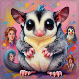 beautiful painting of cute sugar glider monster, by sherree valentine daines, peter mohrbacher, alice neel, donato giancola, mike winkelmann, laurie greasley. trending on artstation, 8 k, masterpiece, graffiti, fine detail, full of color, intricate detail, golden ratio illustration