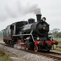 restored black steam locomotive travelling on train tracks facing to the right, photograph