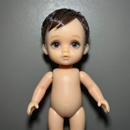 ventriloquist dummy, vacant expression, greasy human - like hair, empty pants, realistic human eyes, long eyelashes, cursed image, damp basement flash photography