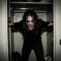 grainy photo of a creepy monster in a closet lunging at the camera, harsh flash