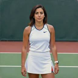 a painting of Alexandria Ocasio-Cortez, from waist down, wearing tennis uniform
