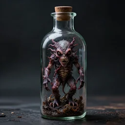 a bottle with a strange creature inside,  Photo realistic, super realistic, high definition, sinister photo, horror