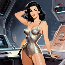 a retro sci - fi pinup illustration of dita von teese in the style of alberto vargas.