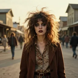 a beautiful but creepy young woman with wild, crazy hair is standing on a busy street in a country town in the 1 9 7 0 s, she is undead, seventies, golden hour, painterly, offset printing technique, by alexandre cabanel