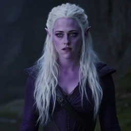 Kristen Stewart as a Drow Elf wizard with white hair and purple skin. Screenshots from the movie adaptation.