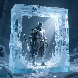 knight frozen inside a block of ice, his sword is near him inside the ice, while a single ray of light comes from an opening in the wall, fantasy render, unreal engine 5, octane, raytracing, light transport, artstation