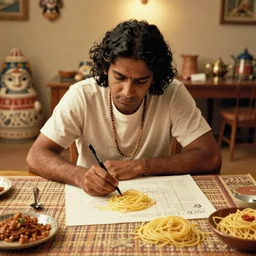 ancient indians writing sanskrit with spaghetti small details, intricate, canon 5 0 mm, cinematic lighting, wes anderson film, kodachrome