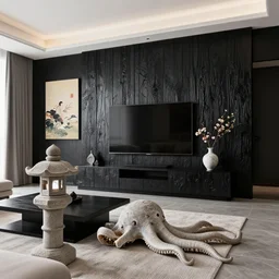 living room, stone lantern, cephalapod, interior design, stylish luxury living room design, yakisugi, black vertical slatted timber, large tv, textures, feminine, black walls, art, japanese pottery vase with flowers, ikebana, kakejiku, japanese influences