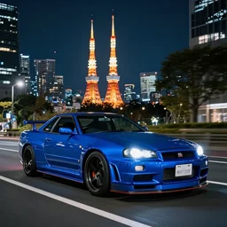 wideshot of a blue nissan skyline gtr driving in tokyo at night, highly detailed, 4k photo, shot with sony alpha