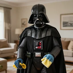Darth Vader cleaning the house, photo realistic, award-winning, highly-detailed