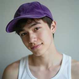 price winning portrait of a student with an violet velour basecap, tank-top, light freckles, small silver earring and a smirk on the cover of a gay magazine, Hasselblad photograph, soft focus, f1.2, soft focus