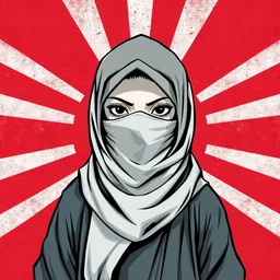 hijab tribe jaw japan flag background, character designs, digital painting, manga, ink illustration