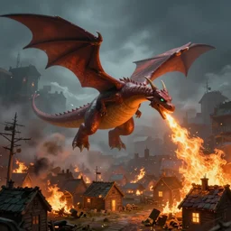 book illustration of flying charizard dragon above the village. Burning houses dragon fire breath.  Atmospheric beautiful by Eddie mendoza and Craig Mullins. volumetric lights