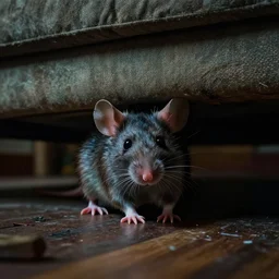 cinematic colorful horror artwork by artgerm, beksinski, stephen king ; real life full portrait of ugly furry mouse at living room floor underneath couch peeping out ; macro scale ; ground level wide shot low angle ; night ominous scary, 8 k hdr, creepy intricate ; volumetric dramatic lighting, insanely detailed, haunting