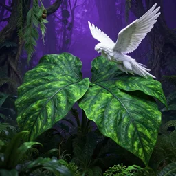a highly detailed over dimensional green leaves that are not from this world with black vaines, fantasy jungle, photorealism, unreal engine, purple hue, a very detailed white falling angel