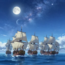 an armada of 1 8 th century carracks and galleons, clear skies, angry sea, moon, milky way, stars, soft, by wlop, makoto shinkai, artgerm, artstation, ayami kojima, 1 6 k, wide angle