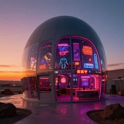a minimalist bulbous zaha hadid space-station night club interior with neon lights and signs inspired by a nuclear reactor submarine and maschinen krieger, ilm, beeple, star citizen halo, mass effect, 2001 space odyssey, elysium, iron smelting pits, warm saturated colours, atmospheric perspective, dramatic sunset