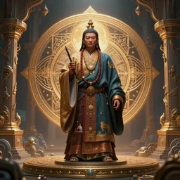 a photo of a mystical tibetan shaman is surrounded by sacred geometry made from elven architecture, full body, perfect face, powerful, cinematic, beautifully lit, by artgerm, by karol bak, 3 d, trending on artstation, octane render, 8 k
