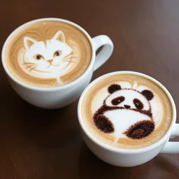 Two cups of coffee, one with latte art of a cat. The other has latte art of a panda, 4k.
