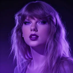 closeup portrait of an ethereal Taylor swift made of purple light, divine, cyberspace, mysterious, dark high-contrast concept art