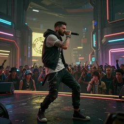 2 1 savage rapping on a stage in front of a crowd in cyberpunk 2 0 7 7, gameplay screenshot, detailed