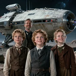 extra sharp, detailed, film from a blockbuster sci fi 8 k color movie, set in 1 8 6 0, family standing in front of a crashed spaceship, on alien planet, looking happy, wearing 1 8 5 0 s era clothes, atmospheric lighting, in focus, reflective eyes, 3 5 mm macro lens, live action, nice composition, good photography, sharp facial details