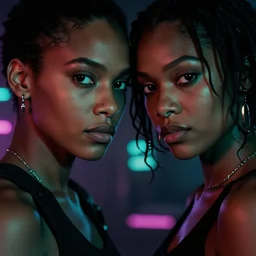 film still of closeup beautiful jamaican models couple closeup in blade runner 2 0 4 9, cinematic, moody, gritty neon noir by emmanuel lubezki