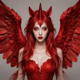 woman - unicorn hybrid red angel - wings, stunning, beautiful dress, open eyes, realistic, symmetric portrait, face, intricate, very detailed, fantasy digital art, trending in artstation, marc simonetti