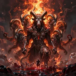 A beast with seven heads rising from the sea of blood, ram horned oracle brings fire down from the sky, NGE dark fantasy, highly detailed, digital painting, volumetric light, 8k detailed