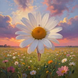 giant daisy flower in front of head, full body girl floating in a flower field, surreal photography, sunrise, dramatic light, impressionist painting, colorful clouds, digital painting, artstation, simon stalenhag