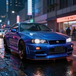 close up macro shot of nissan skyline r 3 4 car on wet city street at night, intricate, hyper detailed, smooth, high contrast, neon, volumetric lighting, octane, moebius, greg rutkowski, blade runner, ripley scott, cindmatic