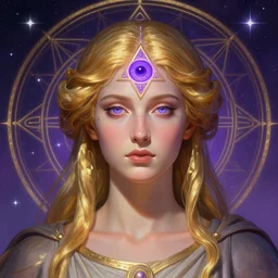 portrait of a gallent greek goddess with glowing purple third eye chakra and golden hair, geometric third eye triangle, sci - fi face, sacred geometry mandal background, breathtaking stars, elegant, highly detailed, digital painting, artstation, concept art, smooth, sharp focus, spiritual art, art by artgerm and greg rutkowski and alphonse mucha, psychedelic