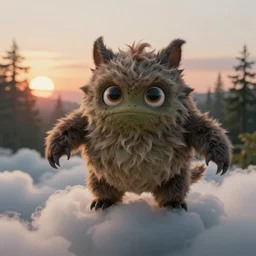 biblical cute daemonic fruit furry monster, dynamic pose, in clouds, sunset, in a forest, big eyes, portrait by greg hildebrandt, studio lighting, muted colors, by terry richardson, by frank frazetta, extreme detail, reflections, trending on artstation, 8 k