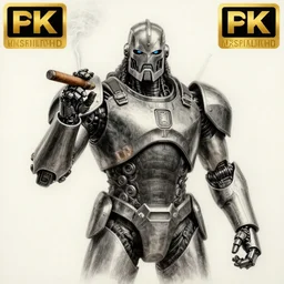 basic professional pencil drawing of robot warlord smoking a cigar, uhd, ultra realistic, 4 k, movie still, detailed, sharp, real life, cinematic