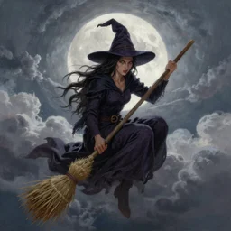 painting of a defiant witch sitting straw broom in the sky, extremely detailed book illustration, and cloudy full moon, dreamy feeling, dramatic lighting by artstation, cgsociety