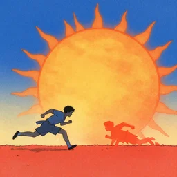 a ukiyo - e illustration of running and running to catch up with the sun but it's sinking, blue theme, orange theme, red theme, by liam wong and ian jun wei chiew, featured on concept art world