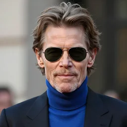 colored, colorized, colored colorized portrait, colored colorized photograph, willem dafoe with short yet messy wavy hair, aviator sunglasses, and wearing a blue turtleneck and an expensive black blazer, realistic hyperrealistic 4 k resolution 8 k resolution highly detailed very detailed extremely detailed hd quality detailed face very detailed face extremely detailed face trending on artstation, modern portrait, modern photograph, epic, cool, awesome