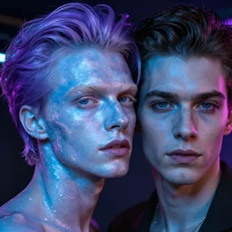 hyperrealistic close-up of beautiful albino man with purple hair and pearlescent blue skin james paick machiej kuciara dramatic neon lighting on one side wide angle 35mm shallow depth of field