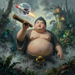 hyperrealist painting of a giant fat buddha smoking a huge blunt rocketing out of a bubble from howl's moving castle ( 2 0 0 4 ) in the sky high above the jungle. moody, misty, depth perception.