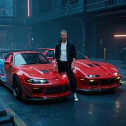 cyberpunk Street racer wearing white shirt and black jacket standing next to red Evolution X GTR R35 S15 C3 4 door sports car coupe scene from Bladerunner 2049 Roger Deakins Cinematography movie still 2077