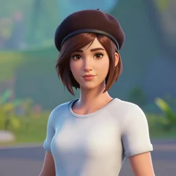 Fortnite; girl with short brown hairm, wearing a beret; white shirt ; Fortnite