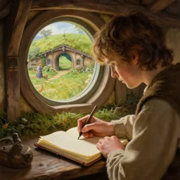 frodo writing in his journal inside his hobbit hole bag end at the end of his journey, hobbiton visible through a window, by alan lee, michal karcz, smooth details, lord of the rings, game of thrones, smooth, detailed terrain, oil painting, trending artstation, concept art, fantasy matte painting, over the shoulder shot