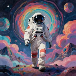 a futuristic astronaut walking on an alien psychedelic planet with strange colorful clouds and mountains, 8 k, retro futuristic style