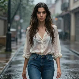 a gorgeous woman with long wavy hair wearing a blouse and jeans, standing in the rain, highly detailed, digital painting, artstation, concept art, smooth, sharp focus, illustration, art by artgerm and alphonse mucha
