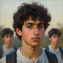 oil painting by ilya kuvshinov,, baugh casey, rhads, coby whitmore, of a youthful persian - indian college student, male, curly black hair, outdoors, highly detailed, breathtaking face, studio photography, dawn, intense subsurface scattering, blush, supple look, innocence, intense sunlight