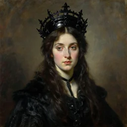 The portrait of Lady in black wax crown by JAMES MCNEILL WHISTLER, dark fantasy, witcher, very detailed oil painting, masterpiece, 8k