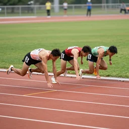 high quality finish - line photo of runners diving at the finish line on a running track, slitscan line camera photo