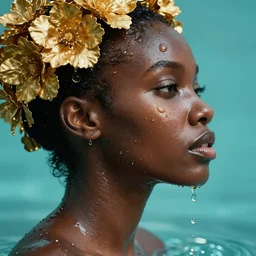 hyperrealistic precisionist cinematic profile very expressive! black oshun goddess, in water! up to shoulders, mirror dripping droplet!, gold flowers, highly detailed face, digital art masterpiece, smooth eric zener jason limon, dramatic pearlescent turquoise light on one side, low angle uhd 8 k, shallow depth of field